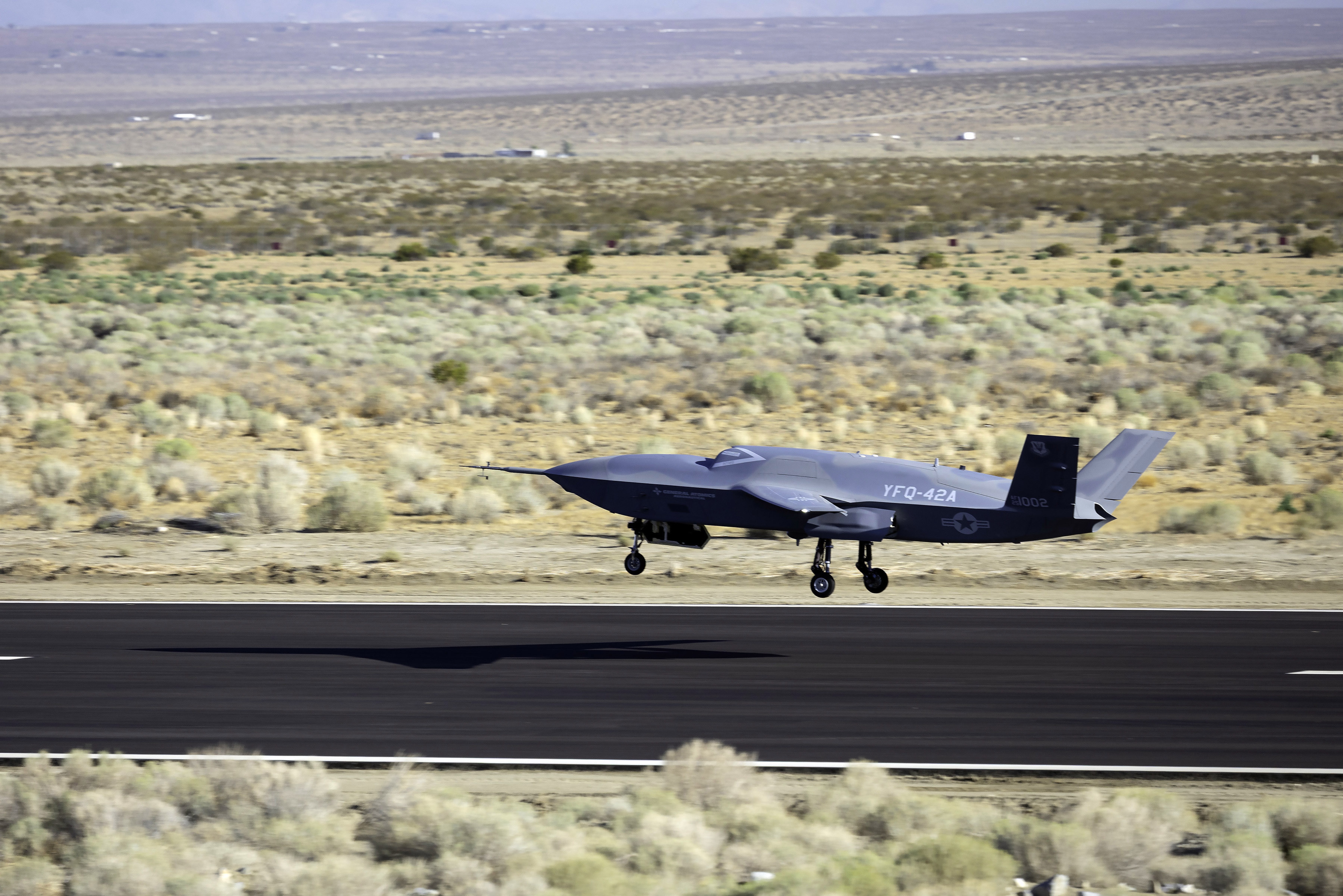 Unmanned combat aerial vehicle YFQ-42A Collaborative Combat Aircraft, developed in partnership with General Atomics, conducts flight testing in California, August 27, 2025 (Courtesy General Atomics)